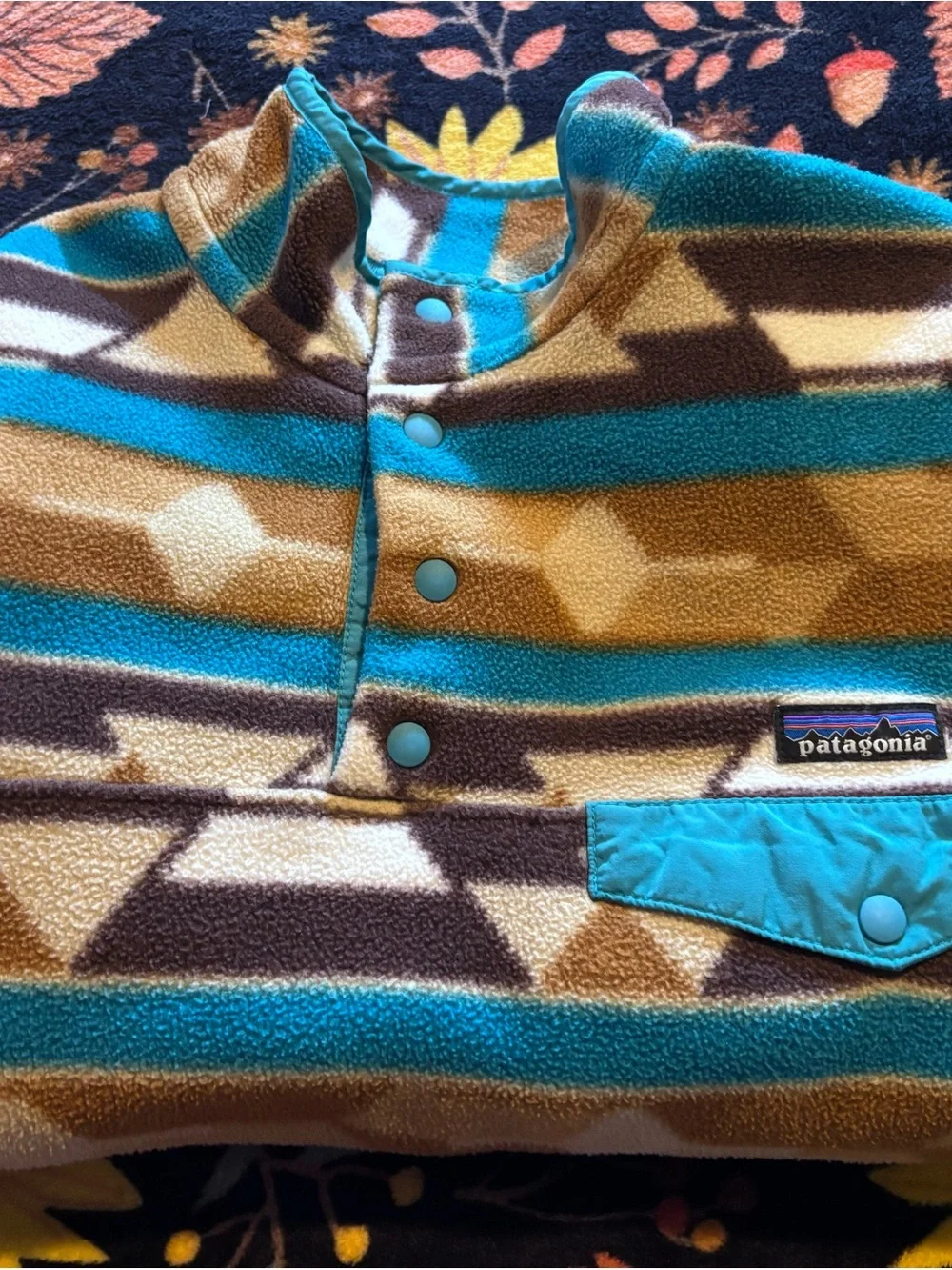 Patagonia Teal, Brown & Cream Geometric Kids Fleece Pullover - Picture 4 of 6